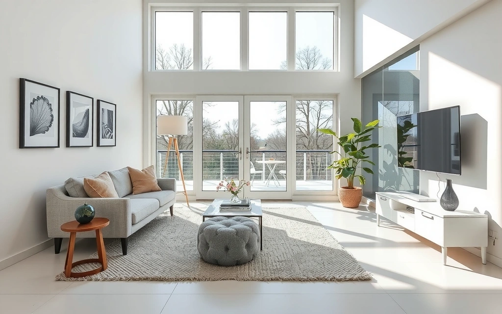 O cameră de zi modernă, luminoasă și impecabil de curată, cu mobilier minimalist și ferestre mari