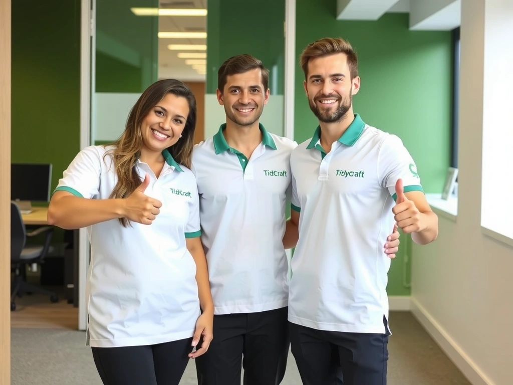 Echipă TidyCraft zâmbitoare după finalizarea unui proiect de curățenie