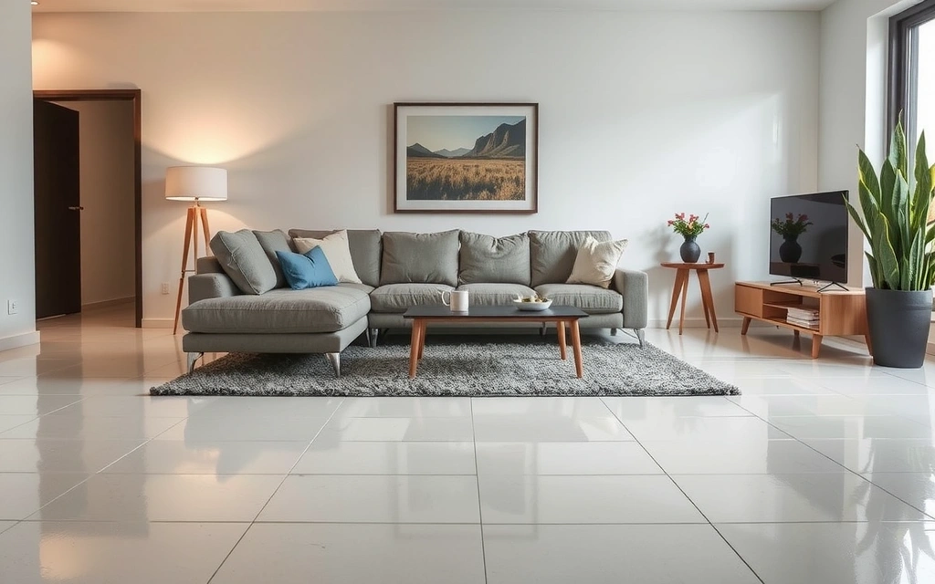 O cameră de zi modernă cu podele strălucitoare și suprafețe curate