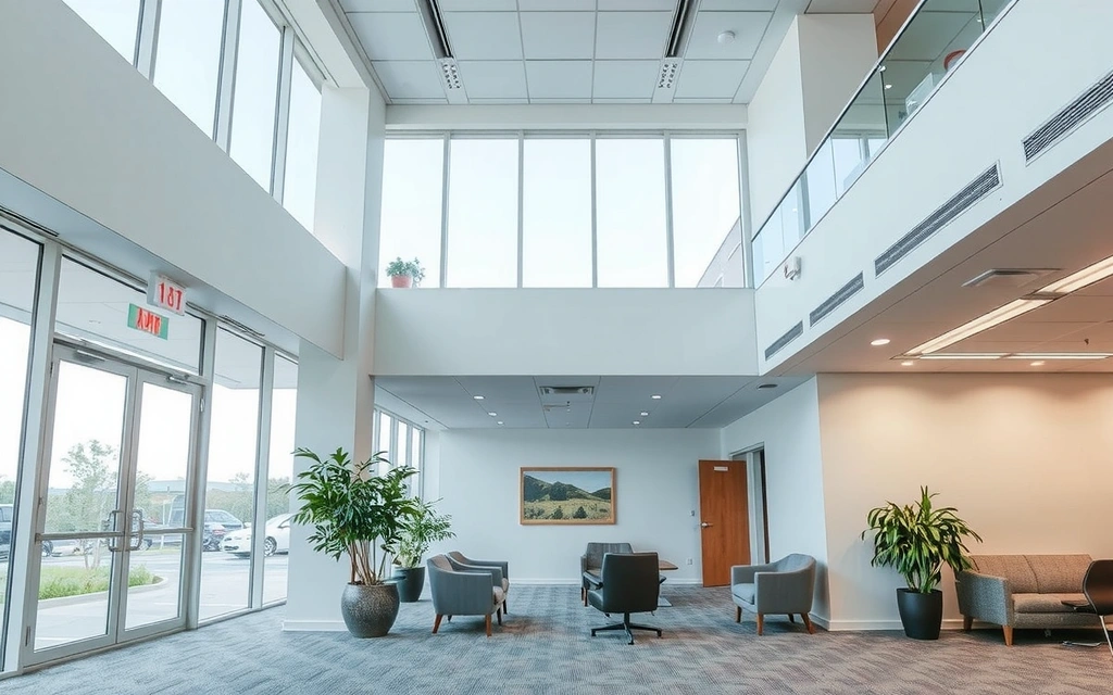 Interior modern de birou, luminos și primitor, sugerând profesionalism și ordine.