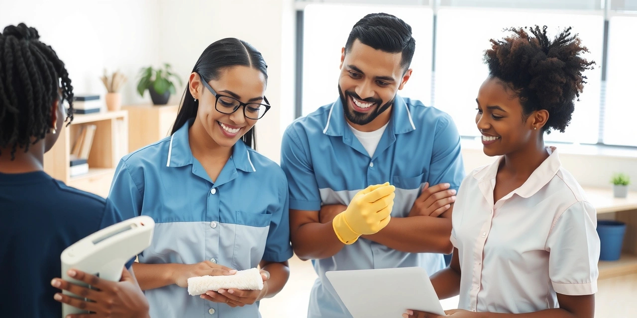 O imagine vibrantă cu o echipă diversă de specialiști în curățenie, zâmbind și interacționând, în uniforme impecabile, reprezentând munca în echipă și profesionalismul.