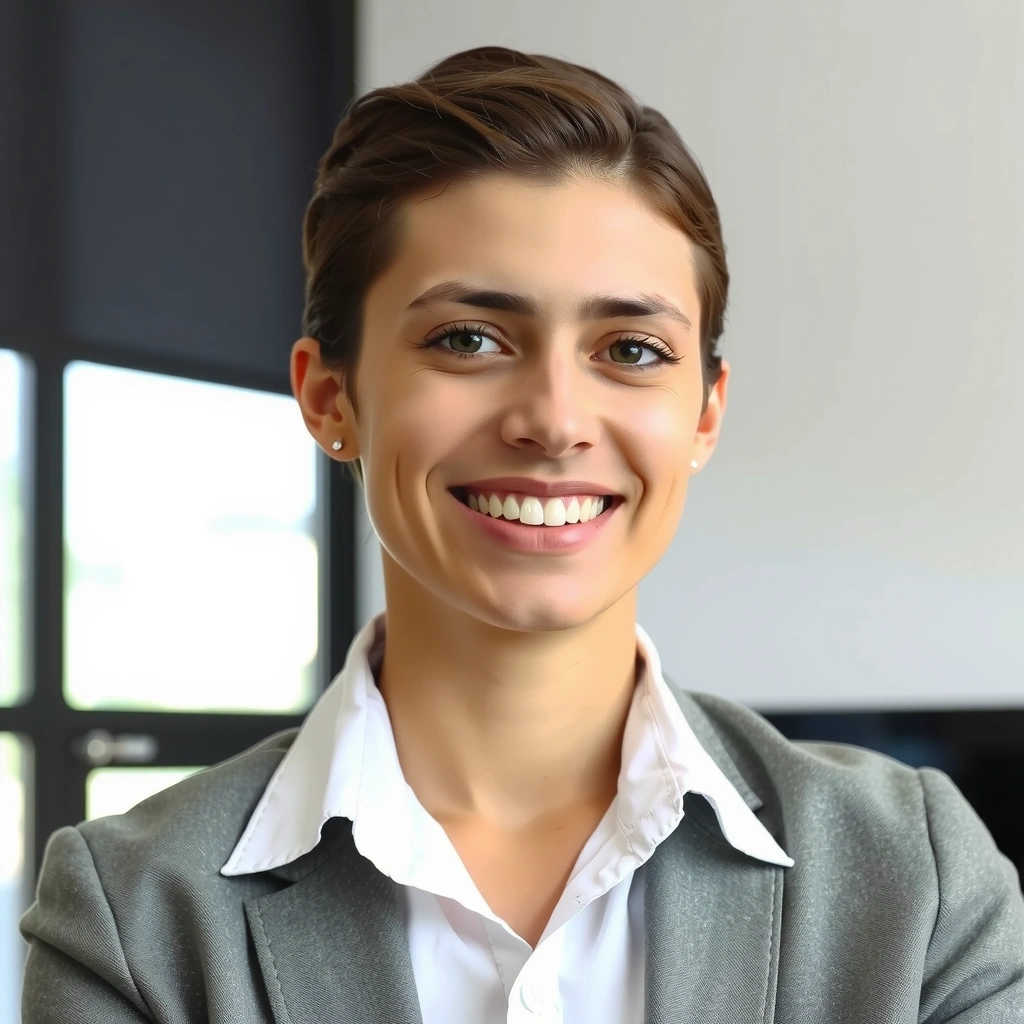 Portretul unui consultant de client zâmbitor și accesibil, îmbrăcat în ținută business casual.