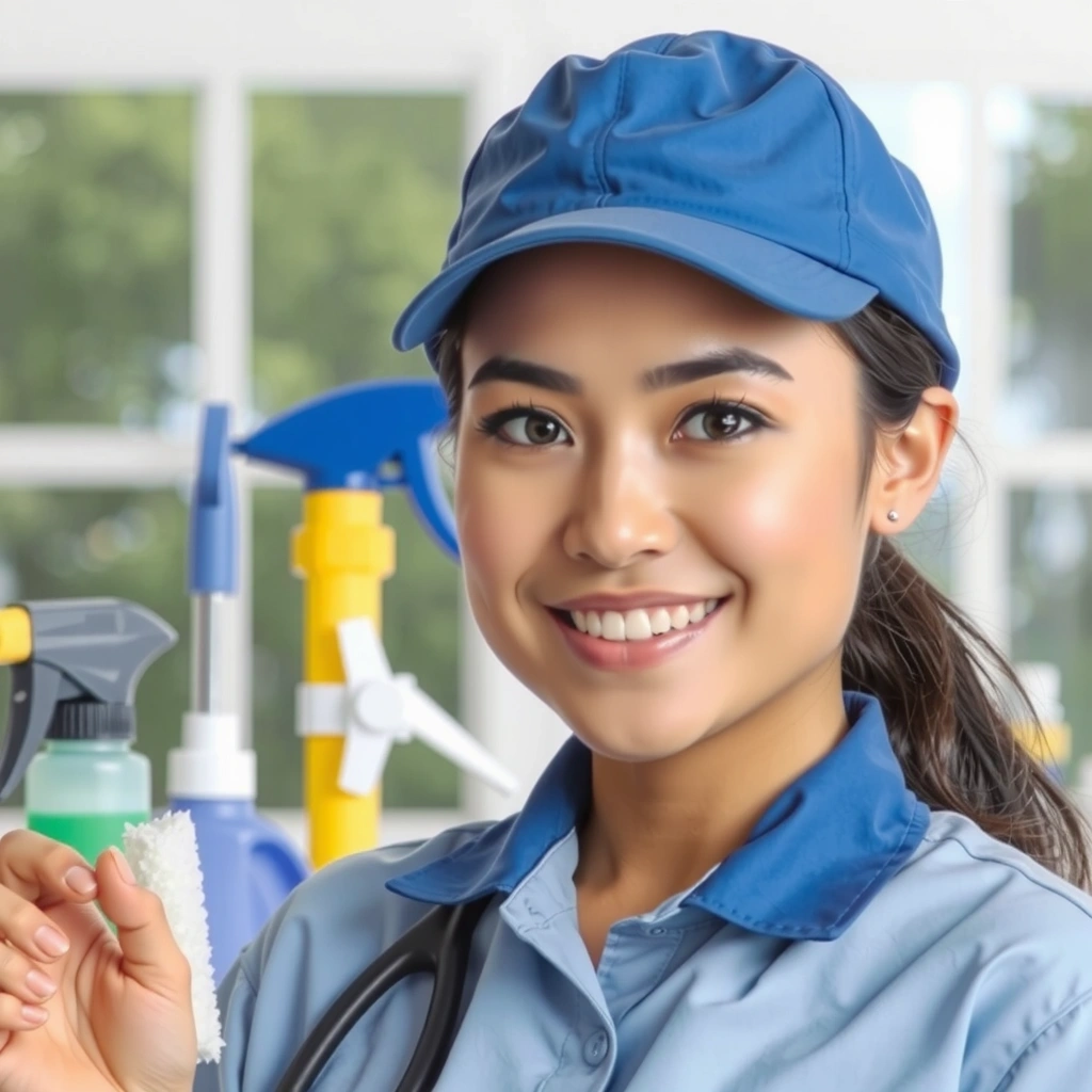 Portretul unui specialist în curățenie zâmbitor, îmbrăcat în uniformă, cu un aer prietenos și dedicat.