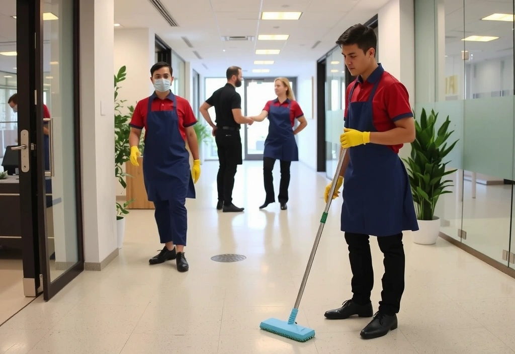 Echipă tidycraft curățând un spațiu comercial