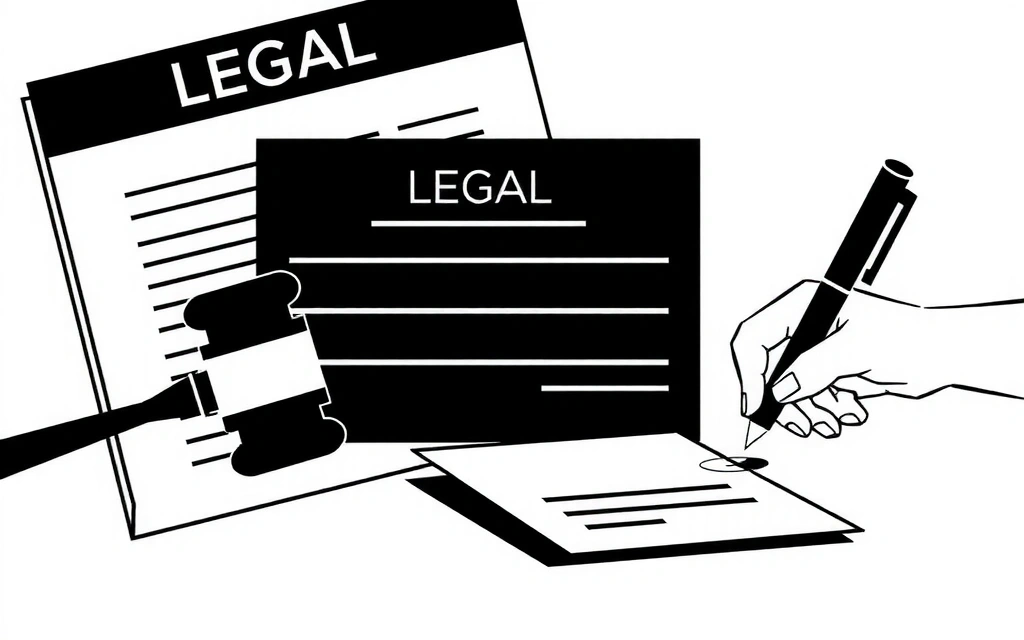 Ilustrație cu un acord juridic și o mână care semnează un document